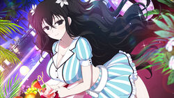  beach_umbrella belt berry black_eyes black_hair blueberry blush breasts chair cleavage crazy_straw crop_top cup drink drinking_glass drinking_straw employee_uniform female flower food fruit fubuki_(senran_kagura) grapes hair_between_eyes hair_flower hair_ornament heart_straw holding holding_cup ice ice_cube innertube large_breasts long_hair looking_at_viewer lounge_chair midriff mint official_art orange_(fruit) orange_slice palm_tree pool raspberry restaurant senran_kagura senran_kagura_new_link shirt skirt smile solo striped_clothes striped_shirt striped_skirt swim_ring table tree tropical_drink umbrella uniform vertical-striped_clothes vertical-striped_shirt vertical-striped_skirt very_long_hair waitress watermelon watermelon_slice white_belt white_flower yaegashi_nan 