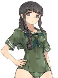  adapted_costume alchera black_eyes black_hair black_neckerchief blunt_bangs braid commentary_request cowboy_shot female green_one-piece_swimsuit green_sailor_collar green_serafuku hair_ribbon hand_on_own_hip kantai_collection kitakami_(kancolle) long_hair neckerchief one-piece_swimsuit ribbon sailor_collar school_swimsuit school_uniform serafuku short_sleeves sidelocks simple_background single_braid sleeved_one-piece_swimsuit solo swimsuit tress_ribbon white_background 