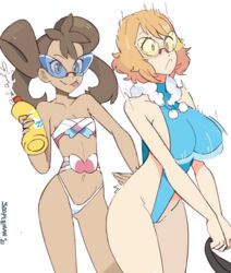  2girls alternate_breast_size applying_sunscreen artist_name bikini blue_eyes blue_one-piece_swimsuit bouncing_breasts breasts brown_hair cleavage commentary cosplay dark-skinned_female dark_skin dated english_commentary froakie froakie_(cosplay) groin hair_between_eyes highleg highleg_swimsuit large_breasts lotion multiple_girls navel one-piece_swimsuit orange_hair pokemon pokemon_xy sanpaku serena_(pokemon) shauna_(pokemon) short_hair simple_background sooperman sunglasses sunscreen swimsuit sylveon sylveon_(cosplay) turtleneck white_background white_bikini yellow_eyes 