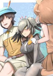  1boy 2girls :d animal_ears arm_rest bare_arms bare_shoulders belt bird_wings black_gloves blush bodystocking breast_pocket brown_hair captain_(kemono_friends) closed_mouth collared_shirt commentary dhole_(kemono_friends) dog_ears faceless faceless_male fingerless_gloves frown fur_collar gloves grey_hair grey_necktie grey_shirt grey_shorts hair_over_one_eye hand_on_another&#039;s_head hand_up hat hat_feather head_wings headpat highres huffing japari_symbol jealous john_(a2556349) kemono_friends kemono_friends_3 layered_sleeves long_hair long_sleeves looking_at_another medium_hair multicolored_hair multiple_girls necktie open_mouth orange_hair pocket pout pouty_lips puff_of_air shirt shoebill_(kemono_friends) short_hair short_over_long_sleeves short_sleeves shorts sidelocks sitting skirt sleeveless sleeveless_shirt smile two-tone_hair wings yellow_eyes 