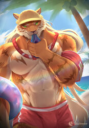  2020 5_fingers abs absurd_res anthro armband beach bulge clothed clothing coconut detailed_background drupe_(fruit) felid fingers floatie food fruit fur green_eyes hi_res humanoid_hands inflatable inkudoragoon lifeguard male mammal multicolored_body multicolored_fur muscular muscular_anthro muscular_male navel orange_body orange_fur palm_tree pang_(sdorica) pantherine pecs plant sdorica seaside signature sky solo striped_body striped_fur stripes swimwear tiger topless tree two_tone_body two_tone_fur 