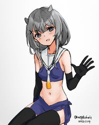  black_gloves black_thighhighs blue_skirt crop_top dated fake_horns female gloves grey_eyes grey_hair highres horns i-201_(kancolle) kangoku_kou kantai_collection long_hair looking_at_viewer midriff navel neckerchief one-hour_drawing_challenge rudder_footwear sailor_collar simple_background skirt smile solo thighhighs twitter_username waving white_neckerchief white_sailor_collar 