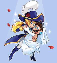  1boy aristocratic_clothes big_nose blue_eyes blush blush_stickers boots bridal_veil brown_hair cavalier_hat cosplay crossdressing dress earrings elbow_gloves facial_hair female flower gloves hat hat_feather hat_flower high_heel_boots high_heels highres jewelry knee_boots loveycloud low_ponytail mario mario_(series) moustache official_alternate_costume petals ponytail princess_peach princess_peach:_showtime! princess_peach_(cosplay) princess_peach_(wedding) rose_petals smile sphere_earrings super_mario_odyssey swordfighter_peach tiara veil wedding_dress white_dress white_gloves 