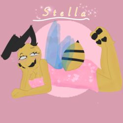  1:1 absurd_res anthro arthropod bee bumble_bee_(species) clothing dress female hi_res hymenopteran insects pink_clothing pink_dress simple_background solo stella_the_bee thick_thighs title_card 