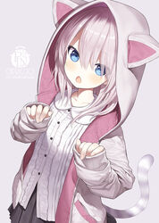  animal_hood artist_name black_skirt blue_eyes capriccio cat_hood cat_tail collarbone collared_shirt commentary_request dress_shirt eyes_visible_through_hair female grey_background grey_hair grey_jacket hair_over_one_eye hands_up hood hood_up hooded_jacket jacket long_hair long_sleeves looking_at_viewer open_mouth original pleated_skirt shirt simple_background skirt sleeves_past_wrists solo tail white_shirt white_tail 