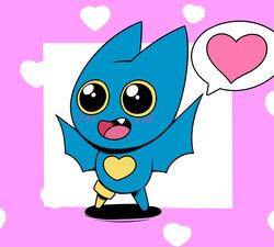  2019 adorabat bat blue_body blush cartoon_network female front_view full-length_portrait heart_symbol hi_res hypergal mammal mao_mao:_heroes_of_pure_heart markings open_mouth open_smile pattern_background pegleg portrait simple_background smile solo standing teeth yellow_sclera young 