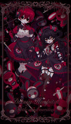  2girls :d :o absurdres apron arm_ribbon black_eyes black_footwear black_hair blush border bow braid breasts brooch bruise bruised_chest cleavage cleavage_cutout clothing_cutout demon_horns detached_collar dress english_text fishnets frilled_apron frilled_dress frills garter_straps hair_ornament hairband hairbow halloween hand_on_own_chest hand_to_own_mouth hat heart highres holding holding_staff holding_syringe horns injury jewelry kneehighs knees_together_feet_apart lace leg_ribbon long_hair long_skirt md5_mismatch medium_dress miniskirt multiple_girls nurse nurse_cap open_clothes open_mouth open_shirt original patch pill pixel_heart prima_merill puffy_short_sleeves puffy_sleeves rabbit red_eyes red_footwear red_hair ribbon short_dress short_hair short_sleeves short_twintails silk skirt smile socks sparkle spider_web staff standing standing_on_one_leg stitched_neck stitches stuffed_animal stuffed_toy syringe thighhighs twintails unbuttoned unbuttoned_shirt very_long_hair 