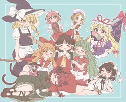  +++ 6+girls :d ;d ahoge animal_ears apron aqua_background arm_behind_head ascot bandaged_arm bandages black_bow black_footwear black_hair black_headwear black_ribbon black_skirt black_vest blonde_hair blunt_bangs border bow bowl bowl_hat bowtie braid broom broom_riding brown_eyes brown_hair bun_cover buttons camera cat_ears cat_girl cat_tail closed_eyes collared_shirt commentary cup curly_hair dot_nose double_bun dress elbow_gloves facing_viewer floral_print flower flying_sweatdrops folding_fan footwear_bow frilled_apron frilled_ascot frilled_dress frilled_hat frilled_shirt_collar frills full_body gap_(touhou) geta gloves green_dress green_hair hair_between_eyes hair_bun hair_ornament hair_tubes hairbow hakurei_reimu hand_fan hand_to_own_mouth hands_on_own_hips harem hat hat_bow hat_ribbon heart highres holding holding_broom holding_camera holding_cup holding_fan holding_needle horns ibaraki_kasen ibuki_suika japanese_clothes juliet_sleeves kaenbyou_rin kariyushi_shirt kimono kirisame_marisa komainu komano_aunn lap_pillow leg_ribbon light_blush long_hair long_skirt long_sleeves looking_at_another lying mini_person minigirl mob_cap multiple_girls multiple_tails neck_ribbon needle nekomata nontraditional_miko oerba_yun_fang on_side one_eye_closed oni oni_horns open_mouth orange_eyes orange_hair outline outside_border parted_bangs pink_eyes pink_flower pink_hair pink_kimono pink_rose pointy_ears pom_pom_(clothes) puffy_short_sleeves puffy_sleeves purple_dress purple_eyes purple_hair red_bow red_bowtie red_eyes red_hair red_headwear red_kimono red_ribbon red_shirt red_skirt red_vest ribbon rose rose_print sakazuki sakurasaka shameimaru_aya shirt short_hair short_sleeves shorts side_braid side_ponytail sidelocks simple_background single_braid single_horn sitting skirt skirt_set smile sparkle spoken_sweatdrop standing sukuna_shinmyoumaru sweatdrop tabard tail tamatsukuri_misumaru tokin_hat torn_clothes torn_sleeves touhou twin_braids two_tails unmoving_pattern vest waist_apron wavy_hair white_apron white_bow white_gloves white_headwear white_shirt white_shorts witch witch_hat yakumo_yukari yellow_ascot yellow_eyes yuri 