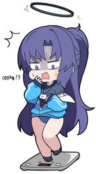  ^^^ black_shirt black_socks blue_archive blue_buruma blue_eyes blue_hair blue_jacket breasts buruma chibi commentary_request facial_mark female full_body halo jacket long_hair long_sleeves mechanical_halo nyaru_(nyaru_4126) off_shoulder official_alternate_costume open_clothes open_jacket open_mouth parted_bangs ponytail puffy_long_sleeves puffy_sleeves shirt short_sleeves simple_background sleeves_past_wrists small_breasts socks solo standing standing_on_one_leg star_(symbol) sweat turn_pale v-shaped_eyebrows very_long_hair wavy_mouth weighing_scale weight_conscious white_background yuuka_(blue_archive) yuuka_(track)_(blue_archive) 