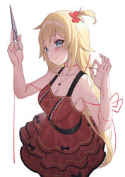  absurdres akai_haato akai_haato_(gothic_lolita) bad_id bad_pixiv_id bare_arms bare_shoulders belt black_belt black_bow blonde_hair blood blue_eyes blush bow breasts collarbone commentary dress english_commentary female from_side hair_ornament hands_up heart heart_hair_ornament highres holding hololive jmao large_breasts layered_dress long_hair looking_at_viewer needle official_alternate_costume one_side_up open_mouth red_dress red_ribbon ribbon scissors sleeveless sleeveless_dress smile solo stitches very_long_hair virtual_youtuber white_background 