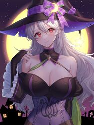  bare_shoulders black_dress breasts bridal_gauntlets cleavage corrin_(female)_(fire_emblem) corrin_(female)_(halloween)_(fire_emblem) corrin_(fire_emblem) crescent crescent_hat_ornament dress earrings female fire_emblem fire_emblem_fates fire_emblem_heroes full_moon green_sash halloween halloween_costume hat hat_ornament head_tilt highres jewelry lantern large_breasts long_hair looking_at_viewer moon official_alternate_costume pointy_ears purple_ribbon red_eyes ribbon sash solo star_(symbol) star_hat_ornament thighs tomo_shirasu white_hair witch witch_hat 