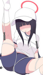  baseball_cap black_hair blue_archive blue_shorts blunt_bangs blush breasts collarbone commentary_request covered_eyes extra faceless faceless_female facing_viewer female gym_shirt gym_shorts gym_uniform hair_over_eyes halo hat highres jump_rope justice_task_force_member_(blue_archive) kneehighs leg_up long_bangs long_hair no_shoes nose_blush nyaru_(nyaru_4126) parted_lips puffy_short_sleeves puffy_sleeves shirt short_shorts short_sleeves shorts simple_background small_breasts socks soles solo sweat very_long_hair white_background white_hat white_shirt white_socks 