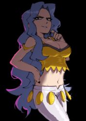  absurdres bare_arms bare_shoulders black_background black_pants blue_eyes blue_hair breasts camisole capri_pants cleavage collarbone crop_top female gingrjoke hand_on_own_hip highres karen_(pokemon) large_breasts light_blue_hair long_hair midriff navel pants parted_bangs pokemon pokemon_hgss shirt solo spaghetti_strap underlighting v-shaped_eyebrows wavy_hair white_pants yellow_camisole yellow_shirt 