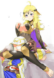  1boy absurdres ahoge barefoot blonde_hair blue_eyes blush breasts bridal_gauntlets cape circlet commission commissioner_upload feet female fire_emblem fire_emblem_fates fire_emblem_heroes full_body hair_ornament head_between_thighs highres igni_tion jewelry kiran_(fire_emblem) kiran_(male)_(fire_emblem) large_breasts long_hair ophelia_(fire_emblem) revision scissorhold smile straight thighhighs turtleneck 