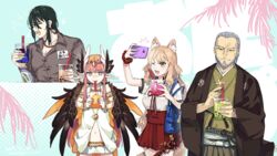  2boys 2girls animal_ear_fluff animal_ears beard black_hair blonde_hair blush bracelet breasts bubble_tea circe_(fate) closed_eyes cup disposable_cup dress drink drinking drinking_straw facial_hair fate/extra fate/extra_ccc fate/extra_ccc_fox_tail fate/grand_order fate_(series) feathered_wings fox_ears fox_girl goya_(xalbino) grey_hair gyaru hair_between_eyes hair_ornament hakama hakama_skirt haori head_wings highres holding iced_tea japanese_clothes jewelry katana kimono long_hair long_sleeves multiple_boys multiple_girls navel necklace old old_man one_eye_closed open_mouth pink_hair pointy_ears ponytail selfie short_sleeves simple_background skirt smile sparkle suzuka_gozen_(fate) sword tea upper_body very_long_hair weapon wings yagyuu_munenori_(fate) yan_qing_(fate) yellow_eyes 