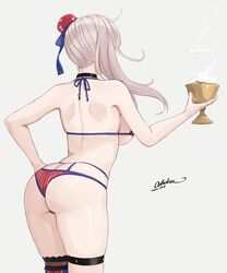  american_flag_legwear ass asymmetrical_hair backboob black_choker boots breasts bun_cover butt_crack chalice choker cup fate/grand_order fate_(series) female flag_print from_behind hair_bun hair_ribbon halterneck hand_on_own_hip highleg highleg_swimsuit highres holy_grail_(fate) large_breasts miyamoto_musashi_(fate) miyamoto_musashi_(swimsuit_berserker)_(fate) odachu print_swimsuit ribbon signature single_hair_bun single_hair_intake single_side_bun single_sidelock single_thigh_boot single_thighhigh swimsuit thigh_boots thigh_strap thighhighs two-tone_swimsuit 