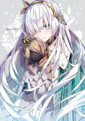  anastasia_(fate) artist_name blue_eyes blush cape cloak commentary_request crown doll dress fate/grand_order fate_(series) female floral_print grey_background hair_ornament hair_over_one_eye hairband holding holding_doll hugging_object long_hair long_sleeves looking_at_viewer mini_crown moru parted_lips smile solo sparkle striped twitter_username very_long_hair viy_(fate) white_dress white_hair 