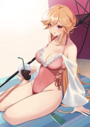  arm_support azur_lane bad_id bad_pixiv_id barefoot beach beach_umbrella breasts cleavage commentary covered_navel cup disposable_cup drinking_straw female frilled_one-piece_swimsuit frills full_body highleg highleg_swimsuit highres large_breasts leaning_forward long_hair looking_at_viewer lotion manjirou_(manji_illust) multiple_straps official_alternate_costume one-piece_swimsuit orange_hair pink_one-piece_swimsuit purple_umbrella red_eyes revision richelieu_(azur_lane) richelieu_(fleuron_of_the_waves)_(azur_lane) sand see-through see-through_sleeves side-tie_swimsuit sitting solo sunscreen swimsuit umbrella very_long_hair yokozuwari 