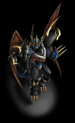  2012 absurd_res ambiguous_gender anthro armor bandai_namco big_claws black_background blue_body blue_scales breastplate cannon claw_(weapon) clawed_vambrace claws colored cybernetics cyborg digimon digimon_(species) dragon_wings gauntlets_(weapon) gem headgear helmet hi_res imperialdramon levitation machine mearns melee_weapon orange_eyes pauldron ranged_weapon red_wings scales scalie shaded simple_background small_waist solo spikes spotlight vambrace_(weapon) weapon wings wrist_gun 