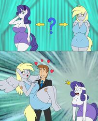  anthro big_breasts blonde_hair blush breasts canon_x_oc carrying_another carrying_partner carrying_person clothing curvy_figure derpy_hooves dress embarrassed equid equine female foxtide888 friendship_is_magic group hair hasbro horn horse human looking_at_viewer looking_away male mammal my_little_pony mythological_creature mythological_equine mythology pegasus pony pose rarity_(mlp) rejection shocked spread_wings suit surprise surprised_expression surprised_face tight_clothing tight_dress trio unicorn wide_hips wings 