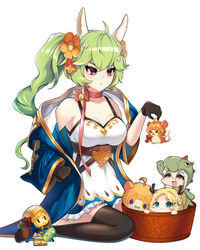  ahoge alpaca_ears animal_ears bails black_gloves black_thighhighs breasts dancing_archer_tinia dress eight-tailed_fox_nari flower flower_girl_bari gloves green_hair guardian_tales hair_flower hair_ornament holding korean_commentary looking_at_another mayreel_(guardian_tales) medium_breasts official_alternate_costume pink_eyes ponytail santa&#039;s_little_helper_rue sitting thighhighs white_background white_dress 