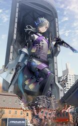  absurdres blue_sky city closed_mouth cloud combat_knife contender_(dragon&#039;s_son)_(girls&#039;_frontline) contender_(girls&#039;_frontline) destruction female giant giantess girls&#039;_frontline gradient_jacket grey_eyes grey_hair gun handgun highres holding holding_gun holding_knife holding_weapon house jacket knife official_alternate_costume outdoors short_hair signature sky smile solo thompson/center_contender weapon welt_(kinsei_koutenkyoku) 