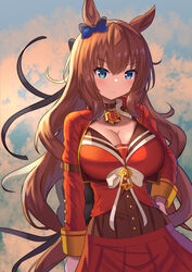  animal_ears blue_eyes blush bow breasts brown_hair cleavage closed_mouth cowboy_shot ear_bow female hair_between_eyes hand_on_own_hip highres horse_ears horse_girl jacket jewelry large_breasts long_hair long_sleeves looking_at_viewer maruzensky_(umamusume) necklace outdoors red_jacket red_skirt skirt smile solo umamusume white_bow yuutopia 