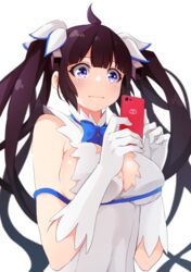  ahoge bell black_hair blue_eyes blue_ribbon blurry breasts cleavage closed_mouth commentary dress dungeon_ni_deai_wo_motomeru_no_wa_machigatteiru_darou_ka female gloves hair_bell hair_ornament hands_up hestia_(danmachi) highres holding holding_phone large_breasts long_hair looking_at_phone no_bra phone rei_no_himo ribbon simple_background skindentation sleeveless sleeveless_dress smartphone_case solo tearing_up twintails upper_body very_long_hair white_background white_dress white_gloves yasehattagi 