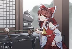  artist_name ascot bow brown_eyes brown_hair commentary detached_sleeves english_commentary female frilled_bow frills hair_tubes hakurei_reimu hishaku holding japanese_clothes ladle medium_hair mixed-language_commentary nontraditional_miko open_mouth red_bow red_skirt red_vest ribbon_trim rock sarashi shirt sidelocks skirt skirt_set sleeveless sleeveless_shirt solo tojorin touhou touhou_lost_branch_of_legend vest water yellow_ascot 