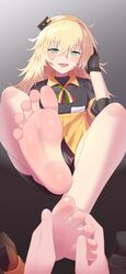  1boy barefoot black_background black_gloves black_shorts blonde_hair blush breasts collared_shirt commentary_request commission crossed_bangs english_commentary feet female foot_focus foot_up foreshortening girls&#039;_frontline gloves gradient_background green_eyes grey_background hair_between_eyes hairband knees_up legs long_hair looking_at_viewer maidforge medium_breasts messy_hair mixed-language_commentary neck_ribbon oerba_yun_fang open_mouth orange_hairband paid_reward_available pixiv_commission pov pov_hands ribbon s.a.t.8_(girls&#039;_frontline) shirt shoes short_shorts shorts sidelocks soles spread_toes toes unworn_shoes 