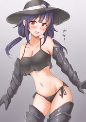  ahoge aircraft_carrier_oni aircraft_carrier_oni_(cosplay) aircraft_carrier_summer_oni anti_(untea9) armored_boots bikini black_bikini boots breasts claws cleavage commentary_request cosplay female gauntlets grey_background hair_flaps hair_ornament hat highres kantai_collection large_breasts long_hair looking_at_viewer open_mouth purple_hair red_eyes ryuuhou_(kancolle) side-tie_bikini_bottom smile solo sun_hat swimsuit taigei_(kancolle) twintails whale_hair_ornament 