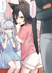  1boy 2girls animal_ears black_hair black_shirt blue_dress blue_eyes brown_eyes cat_ears cat_girl cat_tail commentary_request crossed_arms cup dress drinking green_hairband green_ribbons grey_hair grey_pants hair_between_eyes hair_ribbon hairband holding holding_cup indoors long_hair long_sleeves mug multiple_girls oerba_yun_fang open_mouth original pants pink_shirt ribbon shirt short_shorts short_sleeves shorts sleeves_past_wrists standing stiff_tail tail tokuno_yuika translation_request v-shaped_eyebrows very_long_hair white_shorts 