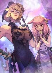  2girls animal_ears armpits au_ra blue_dress breast_envy breasts cleavage commission disco_ball dress english_commentary final_fantasy final_fantasy_xiv flat_chest flower hair_flower hair_ornament hand_on_own_chest hand_on_own_hip hide_(hideout) highres looking_at_viewer looking_down medium_breasts medium_hair miqo&#039;te multiple_girls one_eye_closed original pink_hair red_eyes short_hair skeb_commission smug v-shaped_eyebrows warrior_of_light_(ff14) white_dress wide-eyed 