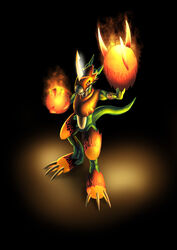  2012 absurd_res ambiguous_gender anthro armor bandai_namco big_claws big_feet black_background blade_horn blue_body blue_scales breastplate claws colored digimon digimon_(species) feet fire firelight flamedramon gauntlet_blades gauntlets_(weapon) glowing hi_res horn long_claws mearns multicolored_body red_eyes scales shaded simple_background solo straps two_tone_body 