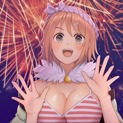  :d arms_up bare_shoulders blush breasts camisole cleavage collarbone detached_collar female fireworks fur_collar green_eyes green_kimono hachimaki hair_between_eyes hair_ornament hairclip hanabi_(senran_kagura) headband japanese_clothes kimono large_breasts lemonrou looking_at_viewer night night_sky open_mouth orange_hair palms red_stripes senran_kagura short_hair sky smile solo spaghetti_strap star_(sky) starry_sky striped tank_top white_headwear 