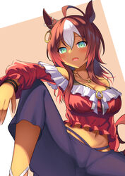  ahoge animal_ears aqua_eyes bare_shoulders blush breasts cleavage dark-skinned_female dark_skin darley_arabian_(umamusume) ear_ornament female frilled_shirt frills hair_between_eyes highres horse_ears horse_girl large_breasts long_hair long_sleeves looking_at_viewer midriff multicolored_hair navel open_mouth red_hair red_shirt shirt solo spread_legs streaked_hair umamusume white_hair yuutopia 