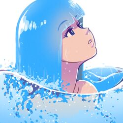  akairiot black_eyes blue_hair blunt_bangs bubble commentary female highres kelda_(akairiot) liquid_hair original parted_lips partially_submerged partially_underwater_shot solo splashing symbol-only_commentary upper_body water water_drop white_background 