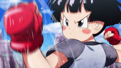  &gt;:( black_hair blue_sky blurry blurry_background blush_stickers closed_mouth cloud dragon_ball dragon_ball_super dragon_ball_super_super_hero female fingerless_gloves gloves grey_eyes lolicon pan_(dragon_ball) punching red_gloves rom_(20) shirt short_hair short_sleeves sky solo sweat v-shaped_eyebrows very_short_hair 