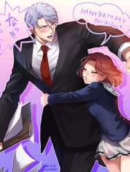  1boy :o black_suit blush brown_hair closed_eyes dated english_text female formal glasses gradient_background grey_hair habataki_academy_school_uniform happy_birthday highres himuro_reiichi hug long_sleeves necktie norako_gs3 paper protagonist_(tokimemo_gs) purple_background red_necktie school_uniform short_hair skirt speech_bubble straight suit surprised sweatdrop tokimeki_memorial tokimeki_memorial_girl&#039;s_side 