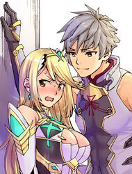  1boy addam_origo armor bad_id bad_pixiv_id bare_shoulders blonde_hair blush breasts cleavage closed_mouth commentary_request dress earrings elbow_gloves female gem gloves grey_hair hair_ornament headpiece jewelry kabedon large_breasts long_hair mythra_(xenoblade) nervous ooshima_aki open_mouth short_hair shoulder_armor sweat sweatdrop swept_bangs tiara very_long_hair wall white_dress xenoblade_chronicles_(series) xenoblade_chronicles_2 xenoblade_chronicles_2:_torna_-_the_golden_country yellow_eyes 