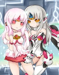  2girls apple_(elsword) bad_id bad_pixiv_id bare_shoulders blush closed_mouth code:_empress_(elsword) code:_nemesis_(elsword) elsword eve_(elsword) facial_mark grey_hair long_hair miniskirt morumoru00 multiple_girls pink_eyes pink_hair skirt skirt_grab smile yellow_eyes 