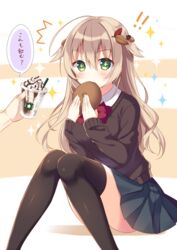  ! !! +_+ ^^^ acorn_hair_ornament ahoge bad_id bad_twitter_id black_legwear blue_skirt blush bow bowtie brand_name_imitation breasts brown_hair cardigan chocolate_syrup coffee collared_shirt cup disposable_cup drinking_straw eating eyebrows female food green_eyes hair_between_eyes hair_flaps hair_ornament holding holding_food huge_ahoge knees_together_feet_apart leaf_hair_ornament long_hair medium_breasts motion_lines original pleated_skirt red_bow red_bowtie school_uniform shirt sitting skirt sleeves_past_wrists solo_focus sparkle speech_bubble star_(symbol) starbucks sumisaki_yuzuna translated whipped_cream white_shirt wing_collar 