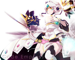  bad_id bad_pixiv_id bare_shoulders closed_mouth code:_empress_(elsword) crown drone elsword energy_ball eve_(elsword) facial_mark female forehead_jewel icedango_(dpopic3) moby_(elsword) remy_(elsword) short_hair white_hair yellow_eyes 