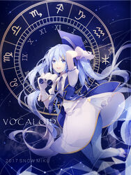  2017 aquarius_(symbol) arm_up binoculars blue_eyes blue_hair capricorn_(symbol) character_name commentary constellation constellation_print copyright_name female gloves hat hatsune_miku highres holding holding_binoculars leo_(symbol) libra_(symbol) long_hair mortarboard open_mouth pantyhose peneko pisces_(symbol) roman_numeral sagittarius_(symbol) scorpio_(symbol) solo star_(sky) star_(symbol) striped_clothes striped_pantyhose twintails vertical-striped_clothes vertical-striped_pantyhose very_long_hair virgo_(symbol) vocaloid white_gloves yuki_miku yuki_miku_(2017)_(candidate_no.1) zodiac_wheel 