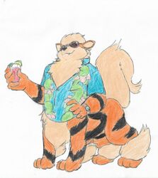  arcanine beverage canid canid_taur canine canine_taur eyewear generation_1_pokemon joshua_thompson male mammal mammal_taur nintendo pokemon pokemon_(species) pokemon_taur silent_e simple_background solo sunglasses taur taurification taurified 