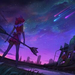  commentary english_commentary female league_of_legends lux_(league_of_legends) magical_girl night night_sky official_alternate_costume official_alternate_hairstyle official_art outdoors playground scenery shooting_star sky skyline star_guardian_(league_of_legends) star_guardian_lux teaser thighhighs wand zettai_ryouiki 