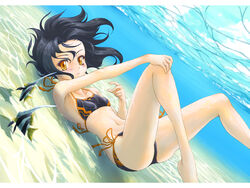  air_bubble barefoot bikini black_hair blush breasts breath bubble commentary female fish freediving highres holding_breath naka_(nicovideo14185763) ocean original outdoors photoshop_(medium) sand seafloor short_hair small_breasts solo swimsuit underwater water 