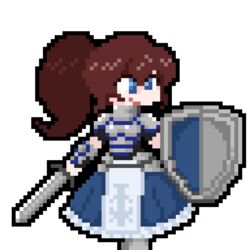  armor blue_dress blue_eyes brown_hair dress first_sfw_of_character happy happy_girl holding_object holding_shield holding_sword holding_weapon juztplay knight knight_girl knightress_(juztplay) pixel pixel_(artwork) pixel_art pixelated ponytail safe_for_work sfw shield smile sword white_background 