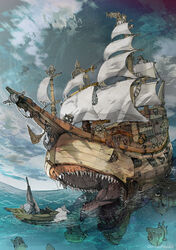  6+others anchor barbed_tongue barrel boat canons cloud cloudy_sky commentary_request demizu_posuka demon evening evil_grin evil_smile fangs gradient_sky grin hood hood_up horizon horns ladder multiple_others net ocean original outdoors rain sail sailboat scenery shaded_face shark sharp_teeth ship sky smile teeth water water_drop watercraft wet wooden_wall 