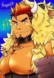  1boy animal_hood bara bare_pectorals boar_boy boar_hood body_fur chest_harness facial_hair forked_eyebrows goatee gullinbursti_(housamo) harness highres hood kouyas_125 large_pectorals looking_at_viewer male_focus mature_male muscular muscular_male nipples oerba_yun_fang pectorals short_hair sideburns smile solo sparkle spiked_hair thumbs_up tokyo_afterschool_summoners upper_body 